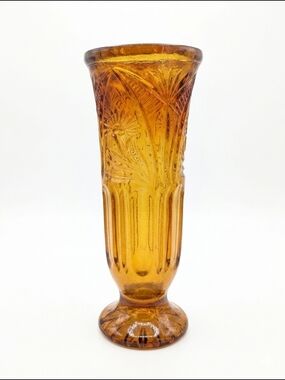 Amber Pressed Glass Vase - Tall Fluted Design